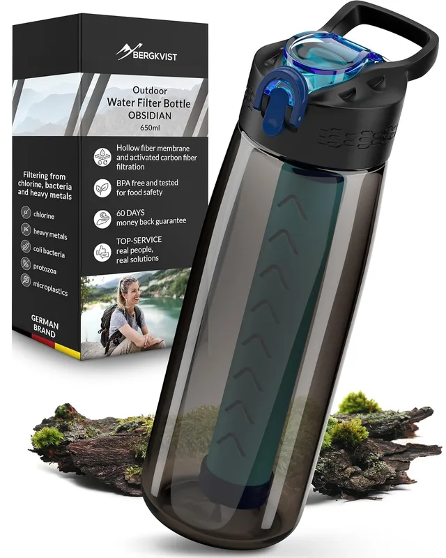 BERGKVIST® Botella con filtro de agua para exteriores OBSIDIAN [650 ml] | Potabi…